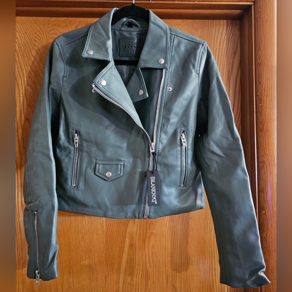 NWT BLANK NYC Green Vegan Leather Moto Jacket